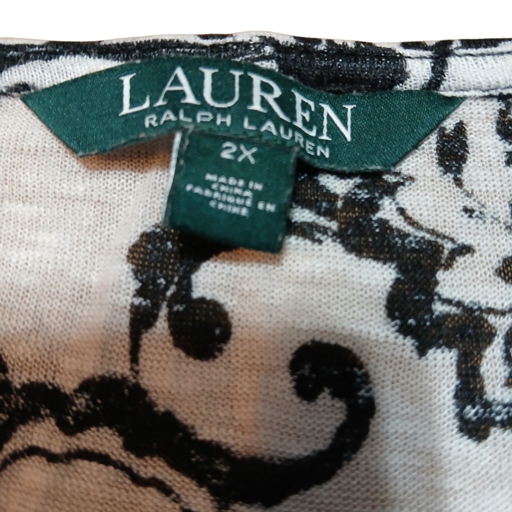 Ralph Lauren Women's Size 2XL Black and Cream Pure Linen Floral Short Sleeve Top - Picture 3 of 5